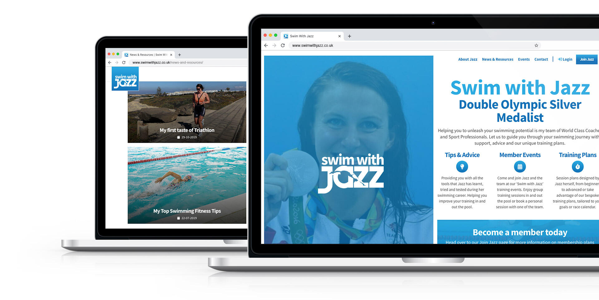 swim with jazz website on laptop