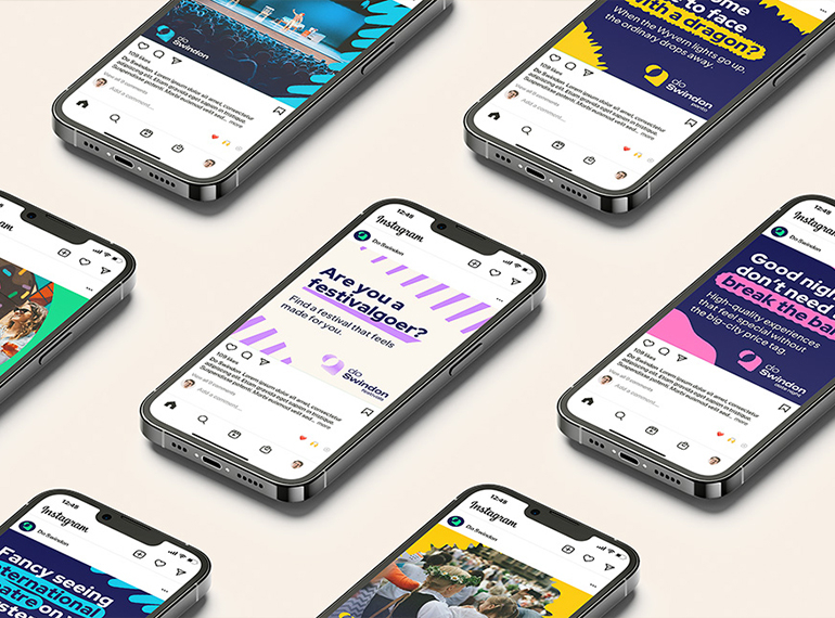 Mockup of variety of social post examples on multiple mobiles