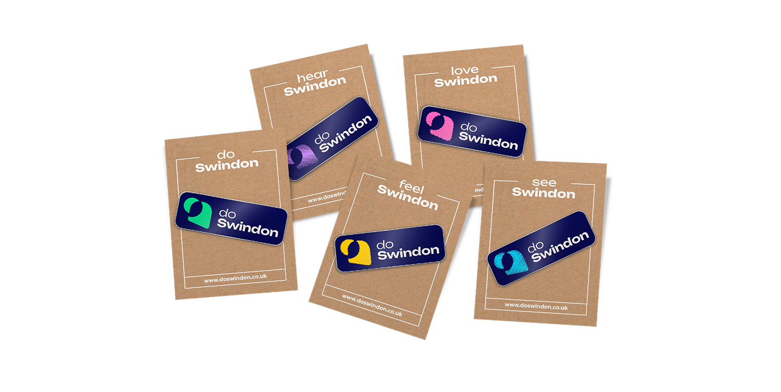 Mockup of the full Do Swindon brand across 5 types of pins