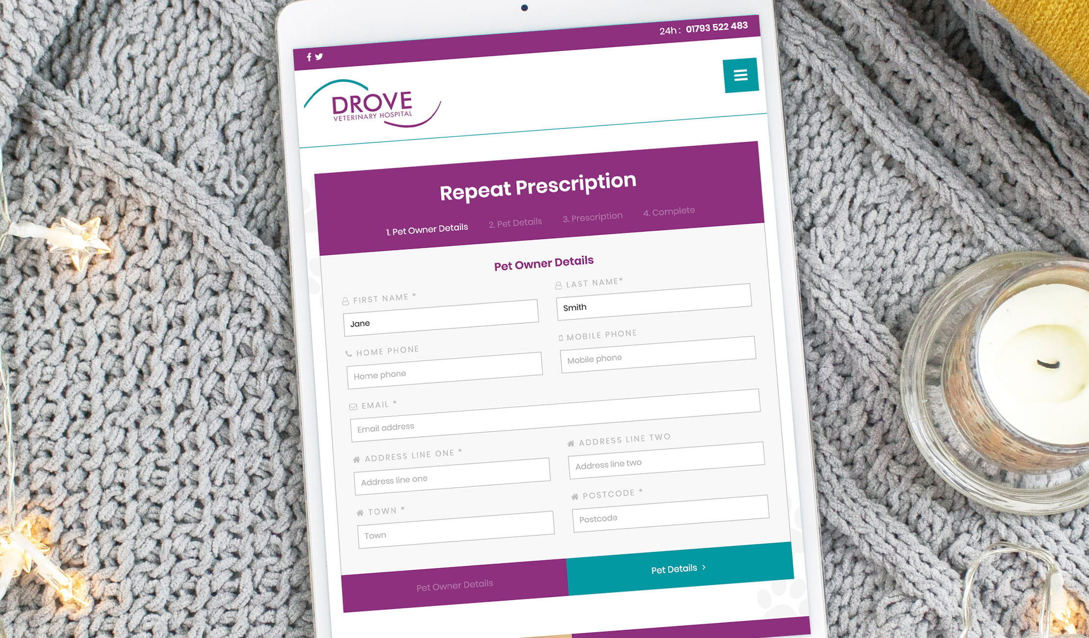 Tablet mobile optimised website design for Drove Vets